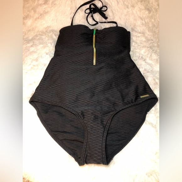 VENUS Lascana Black Bandeau One-Piece Swimsuit with gold zipper size 8 C/D - Picture 13 of 14